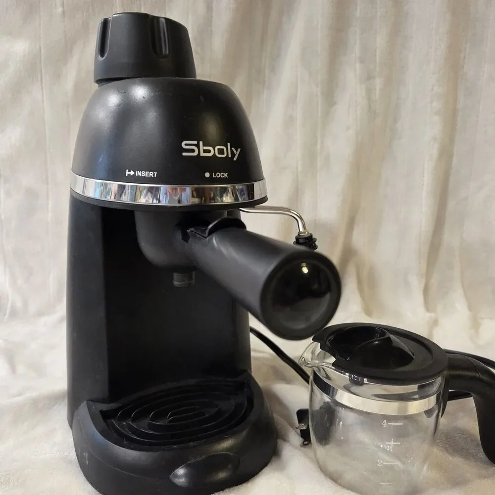 Sboly Black Espresso Machine for Ground Coffee 4-Cup Steam Wand Analog